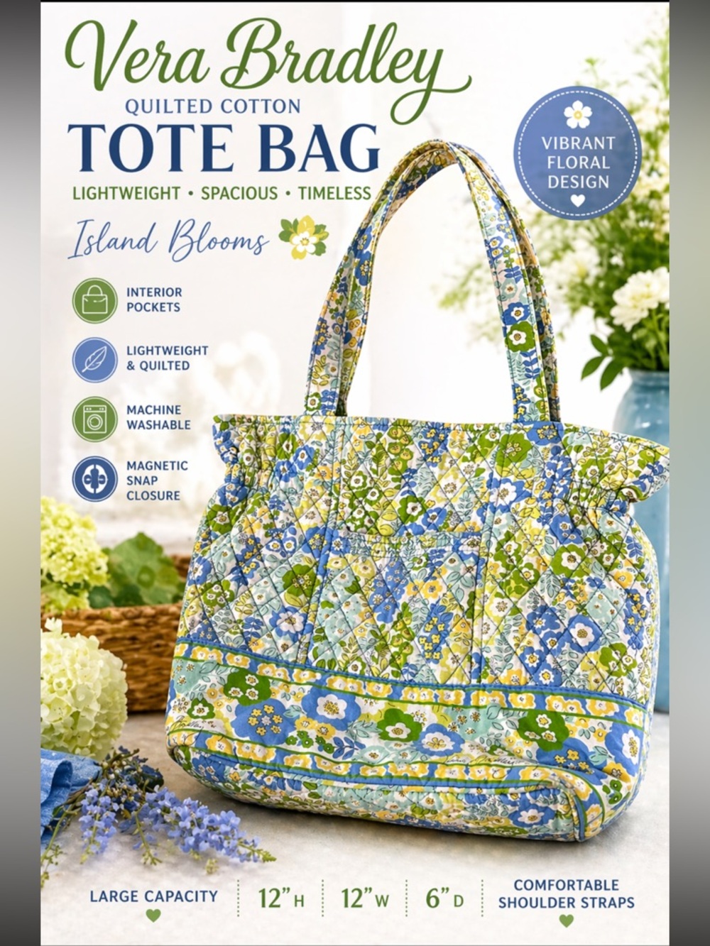 Vera Bradley Island Blooms Floral Quilted Tote Blue,  Green m, Yellow Large Bag